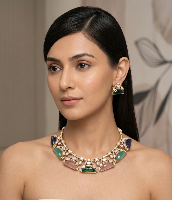 Multicolor Kashvi Moissanite Polki Victorian Necklace Set