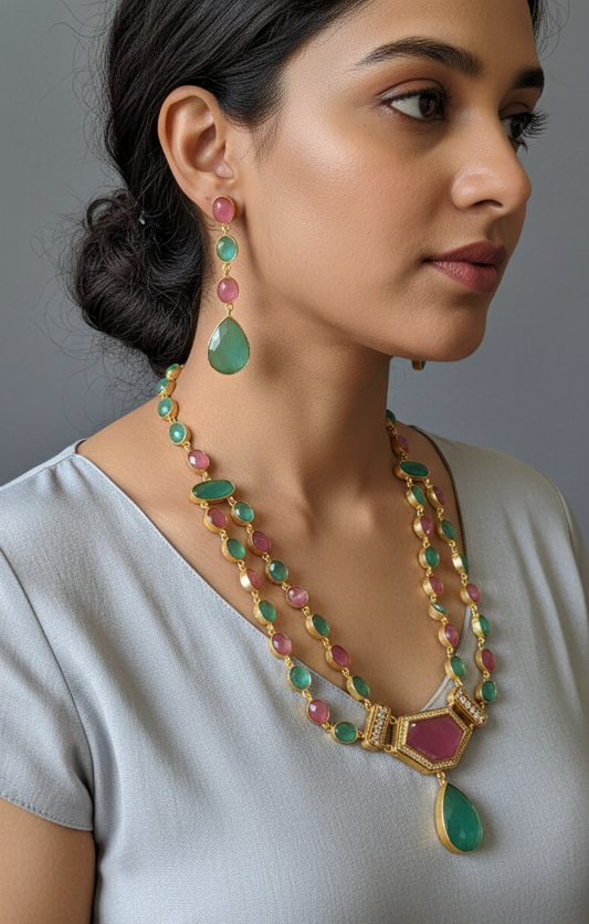 Pink Green Naira Kundan Heritage Necklace Set