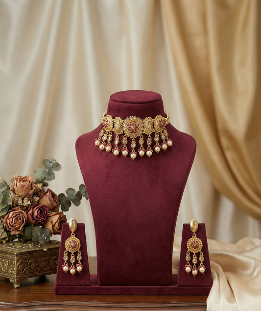 Golden Pink Tanvi Rajwadi Choker Set