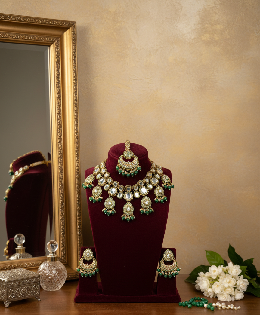 Green Naira Kundan Necklace Set