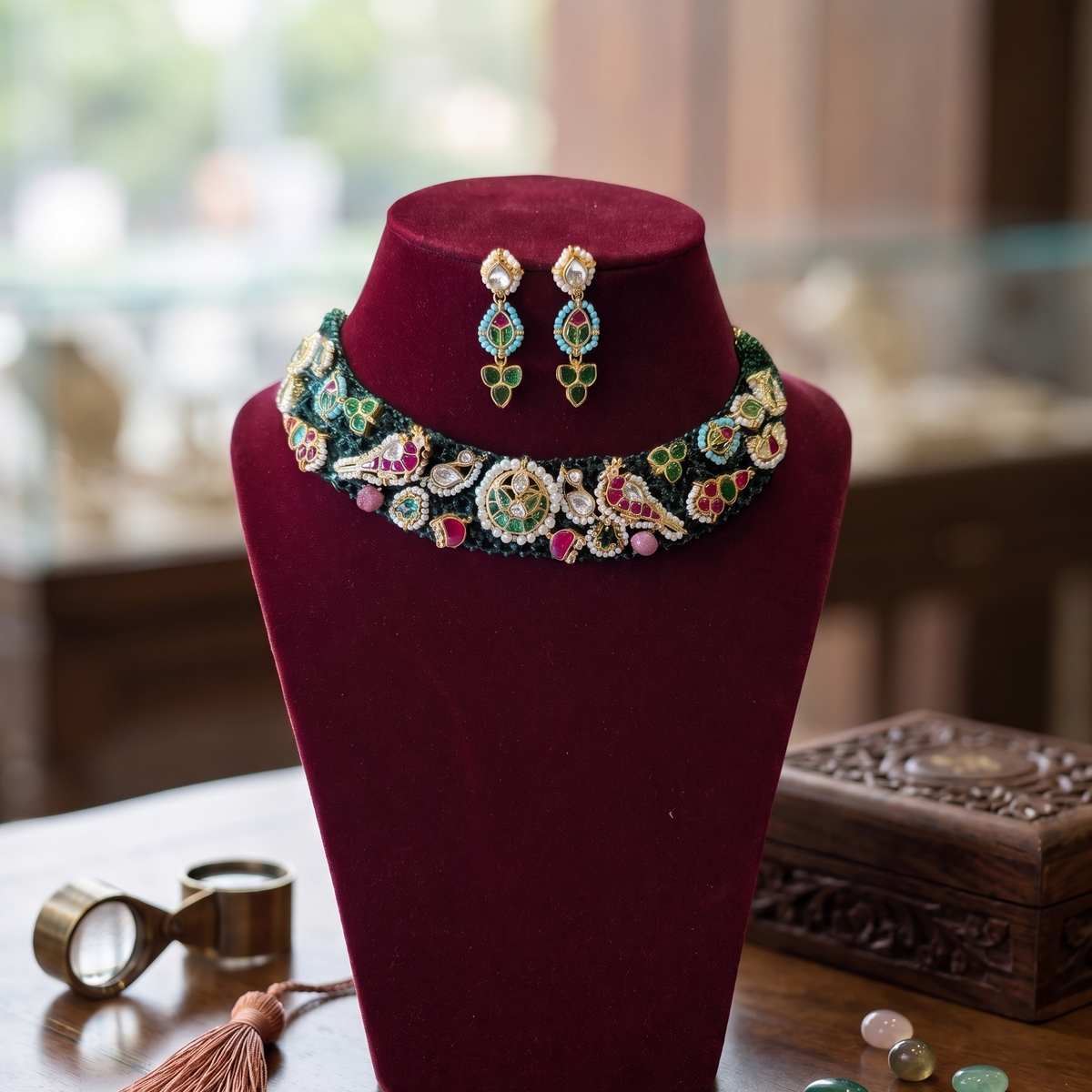 Emerald Kumudini Pachi Kundan Set