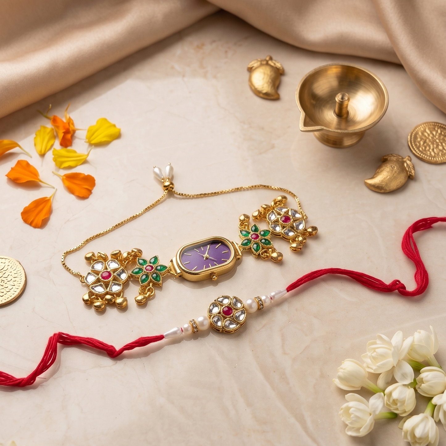 Multicolor Anvika Bhai Bhabhi Watch Rakhi Combo