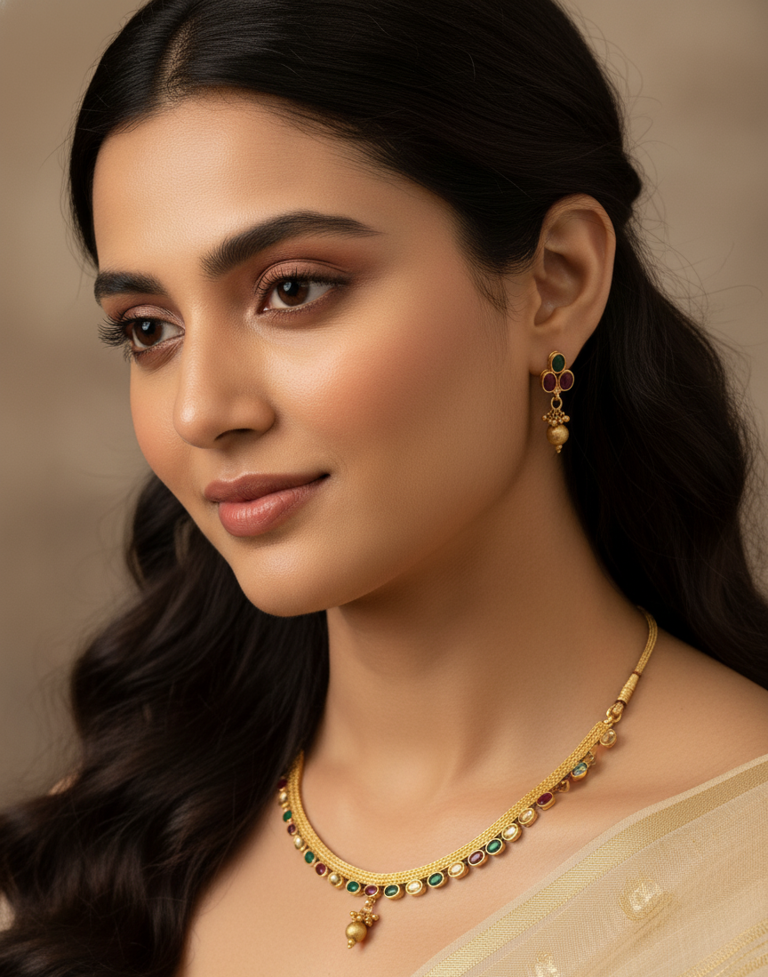 Pink & Green Nayantara Antique Necklace Set
