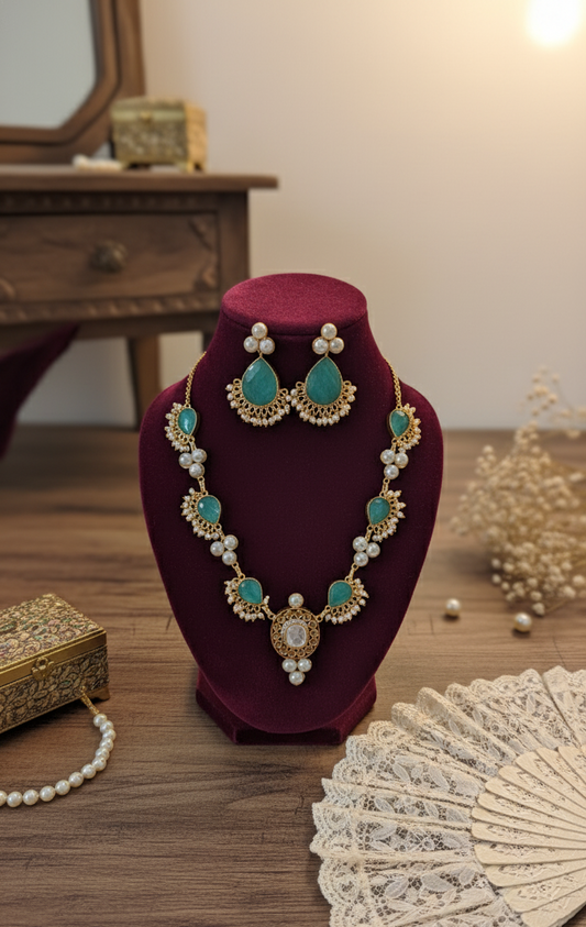 Green Mahira Kundan Rajwadi Necklace Set