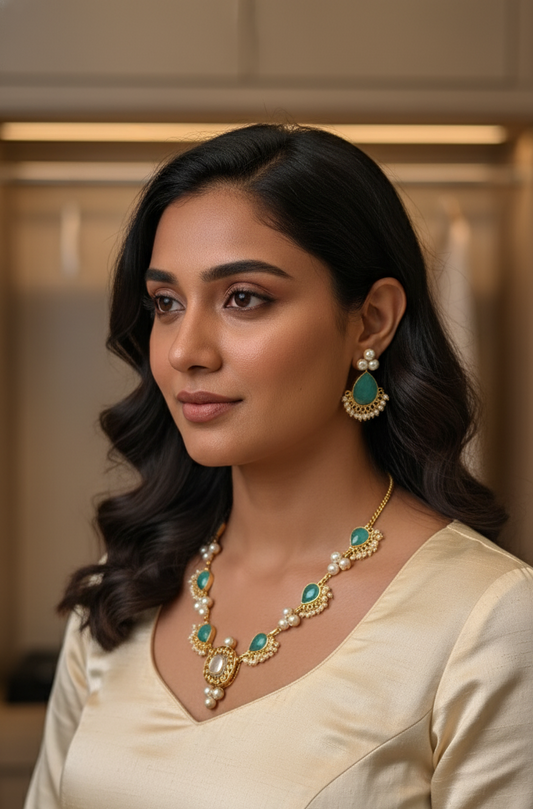 Green Mahira Kundan Rajwadi Necklace Set