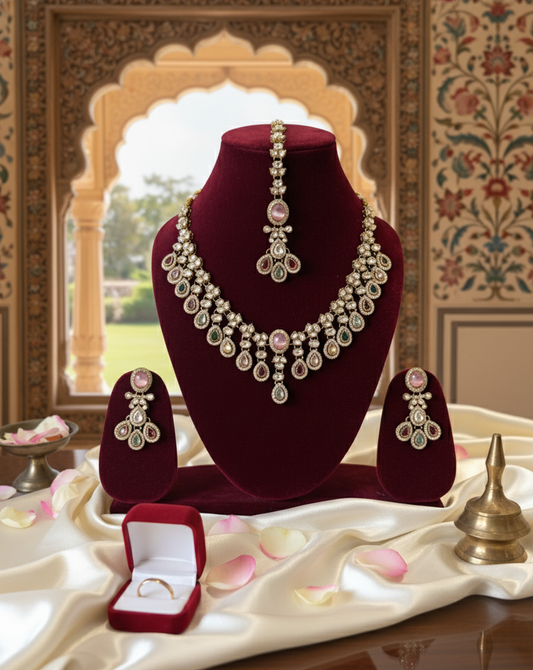 Multicolor Meena American Diamond Polki Set