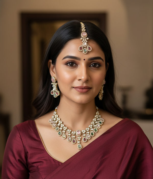 Multicolor Meena American Diamond Polki Set