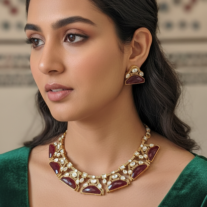 Maroon Kashvi Moissanite Polki Victorian Necklace Set