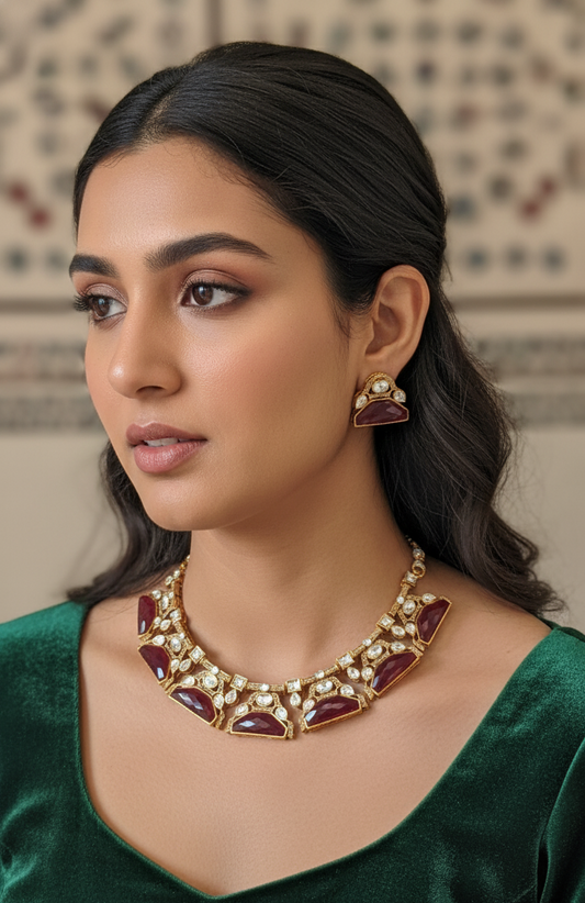 Maroon Kashvi Moissanite Polki Victorian Necklace Set