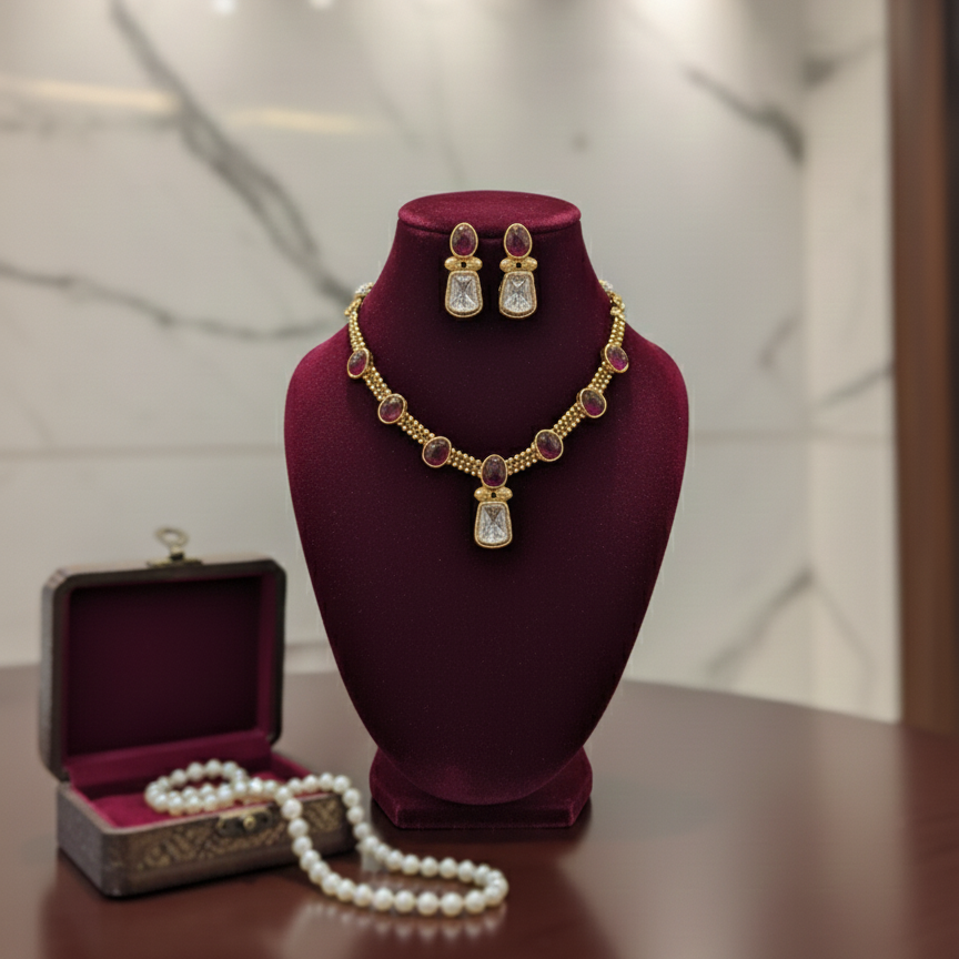 Maroon Dhrishti Kundan Necklace Set
