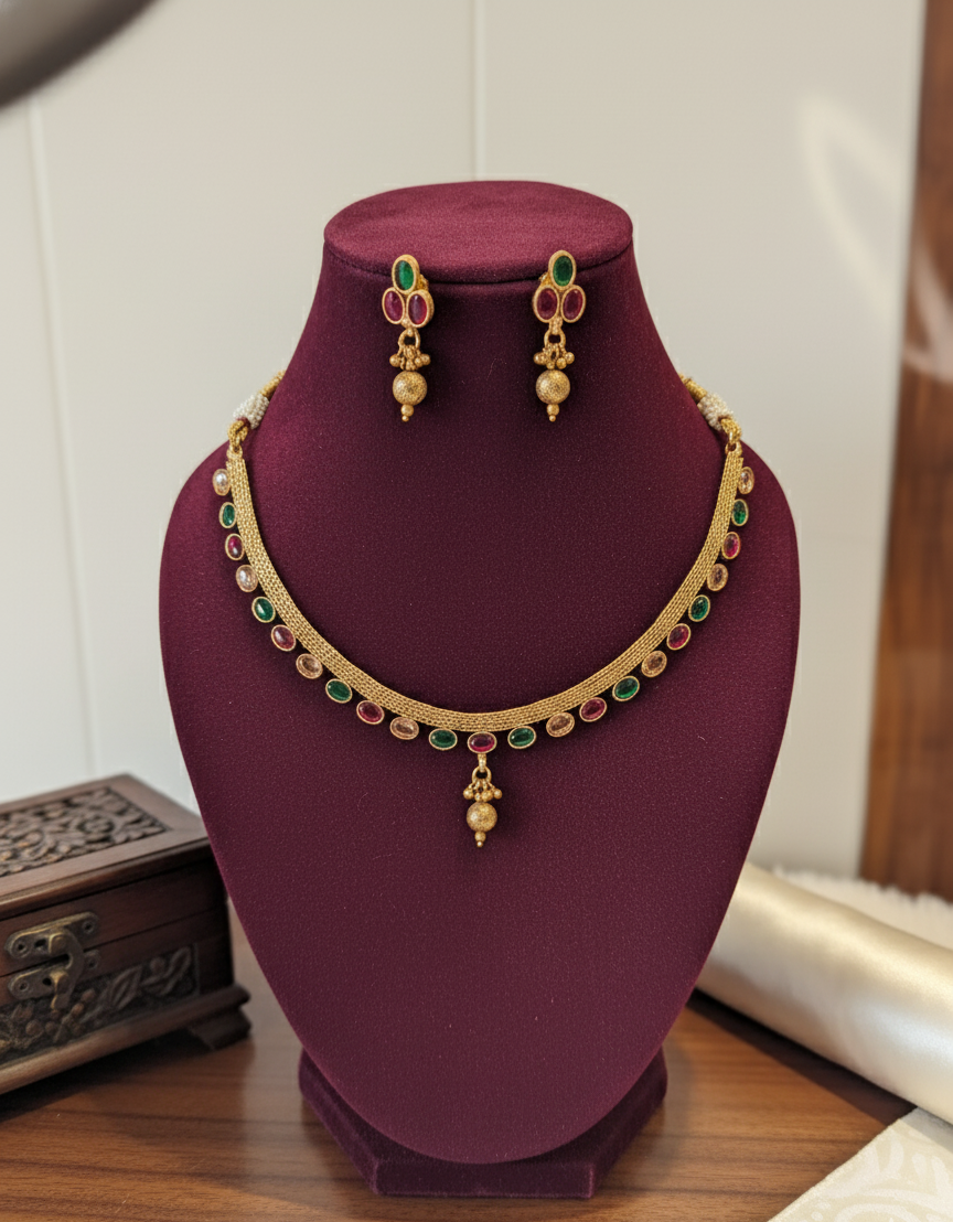 Pink & Green Nayantara Antique Necklace Set
