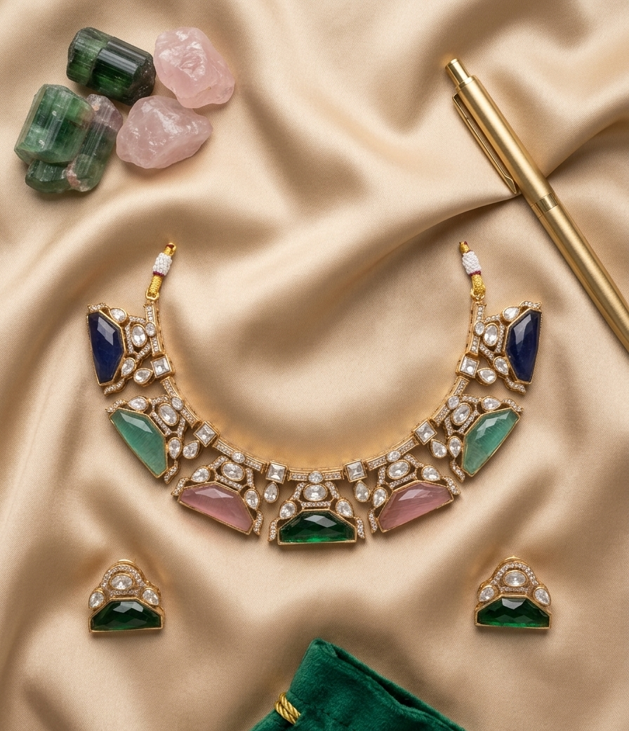 Multicolor Kashvi Moissanite Polki Victorian Necklace Set