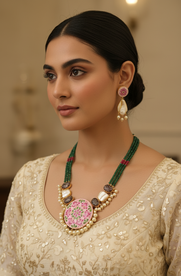 Pink Green Meenakshi Rajwadi Necklace Set