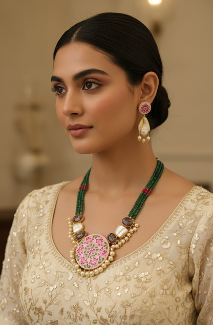 Pink Green Meenakshi Rajwadi Necklace Set