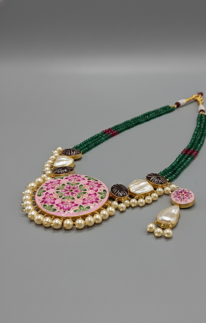 Pink Green Meenakshi Rajwadi Necklace Set