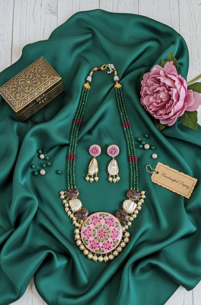 Pink Green Meenakshi Rajwadi Necklace Set