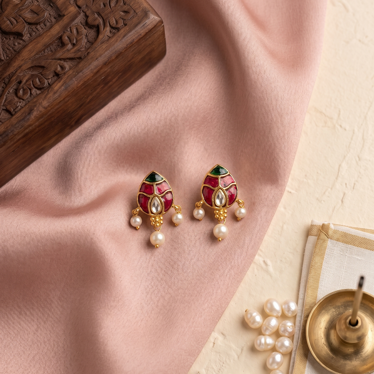 Pink Niharika Pachi Kundan Earrings