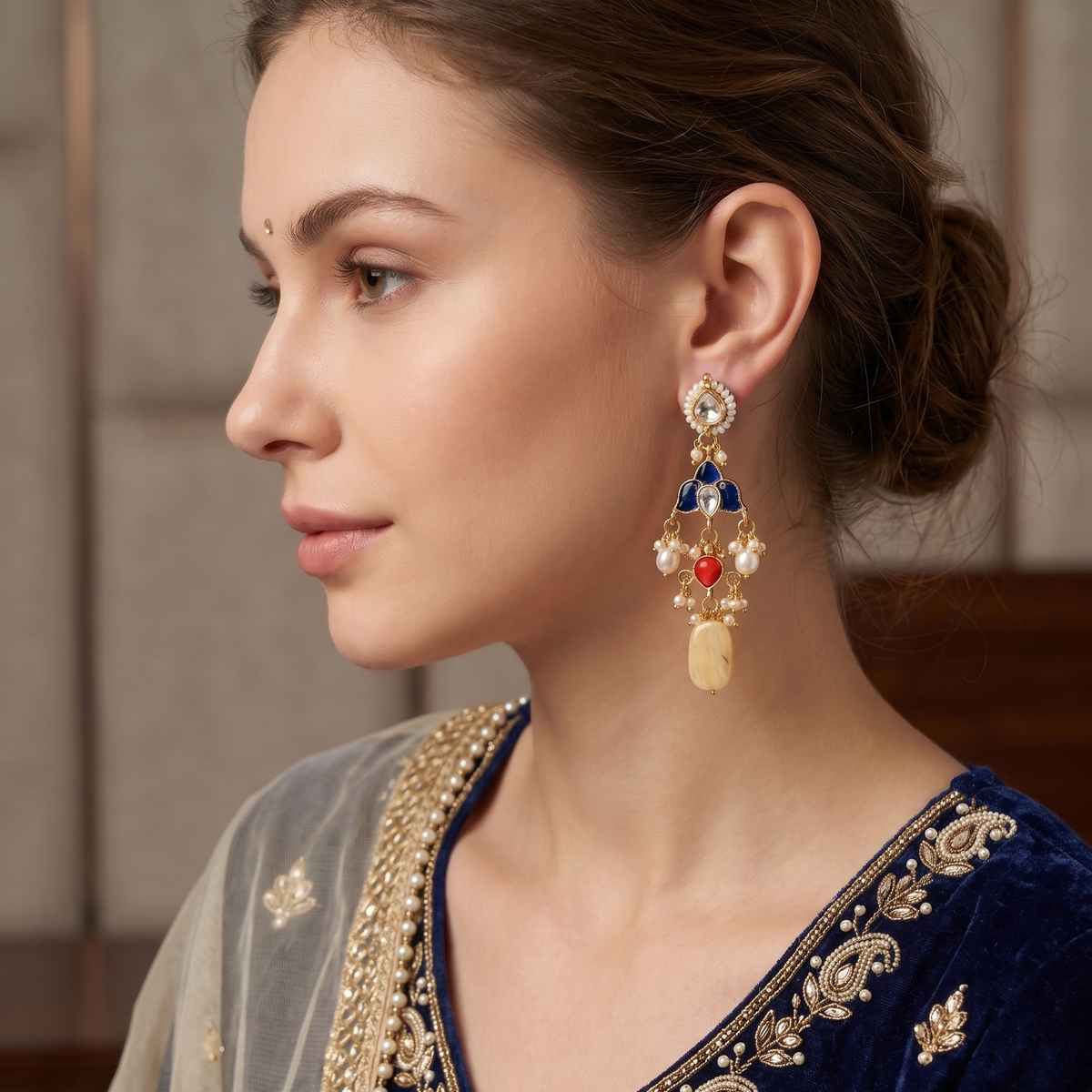 Multicolor Chandralekha Pachi Kundan Earrings