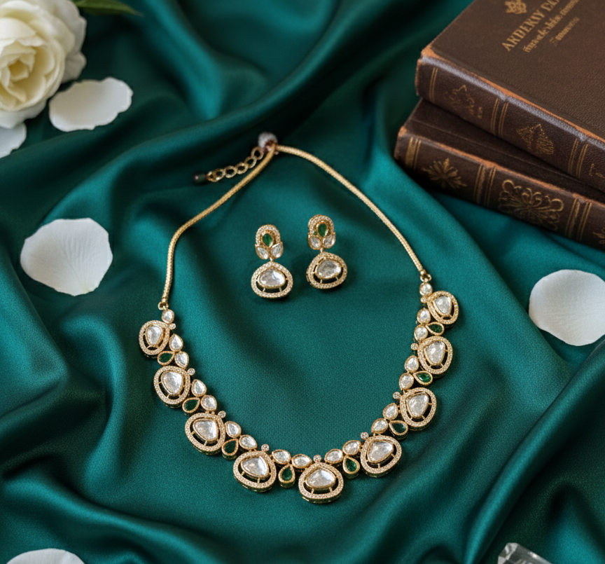 Emerald Mahira Moissanite Polki Necklace Set