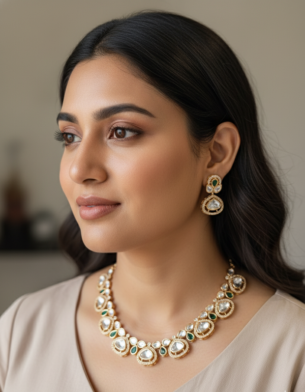 Emerald Mahira Moissanite Polki Necklace Set