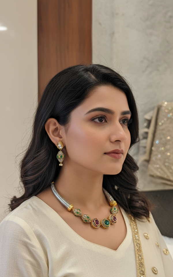 Dual Tone Meera Kundan Antique Necklace Set