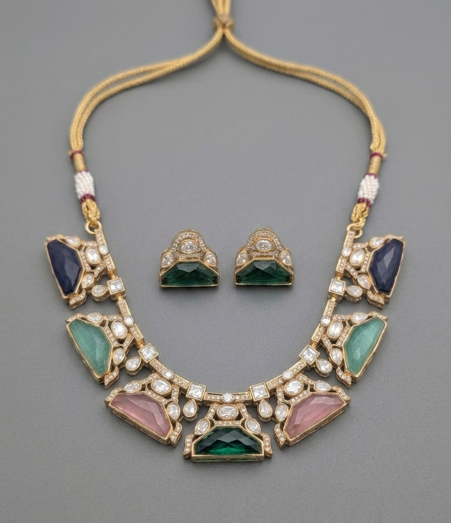 Multicolor Kashvi Moissanite Polki Victorian Necklace Set