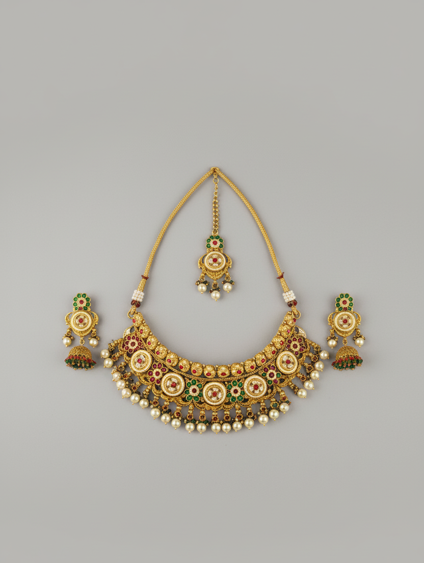 Emerald Mahi Choker Antique Rajwadi Set