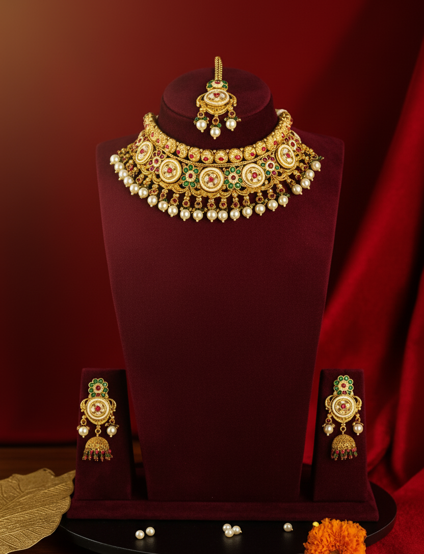 Emerald Mahi Choker Antique Rajwadi Set