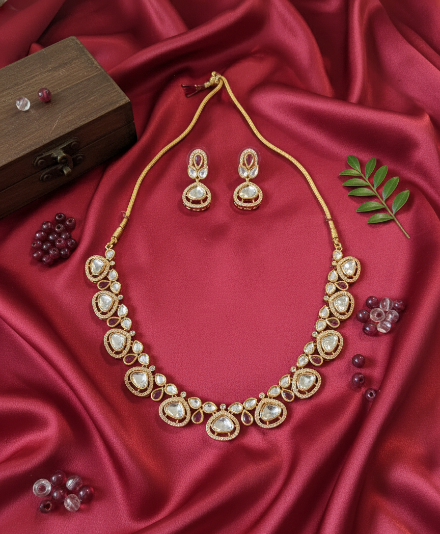 Pink Mahira Moissanite Polki Necklace Set