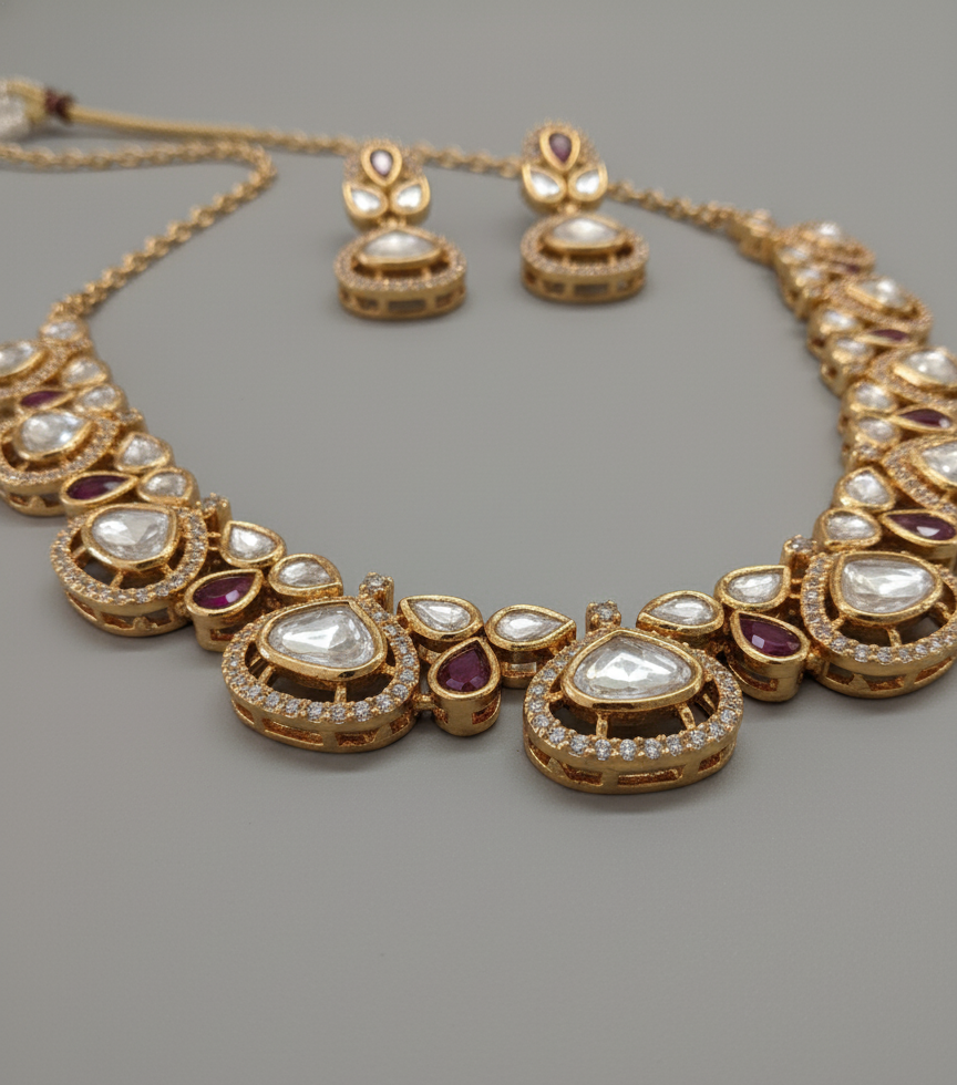 Pink Mahira Moissanite Polki Necklace Set