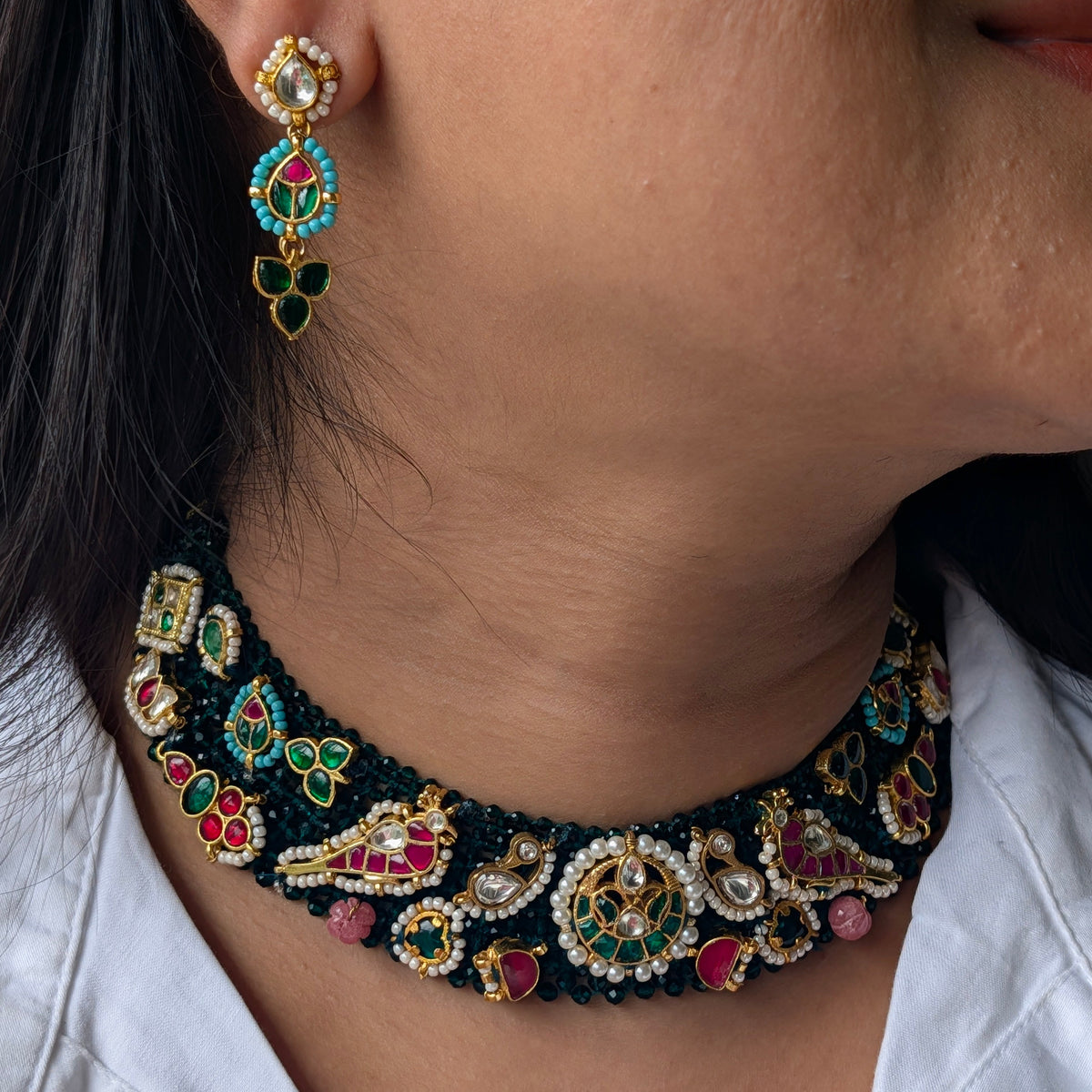 Emerald Kumudini Pachi Kundan Set