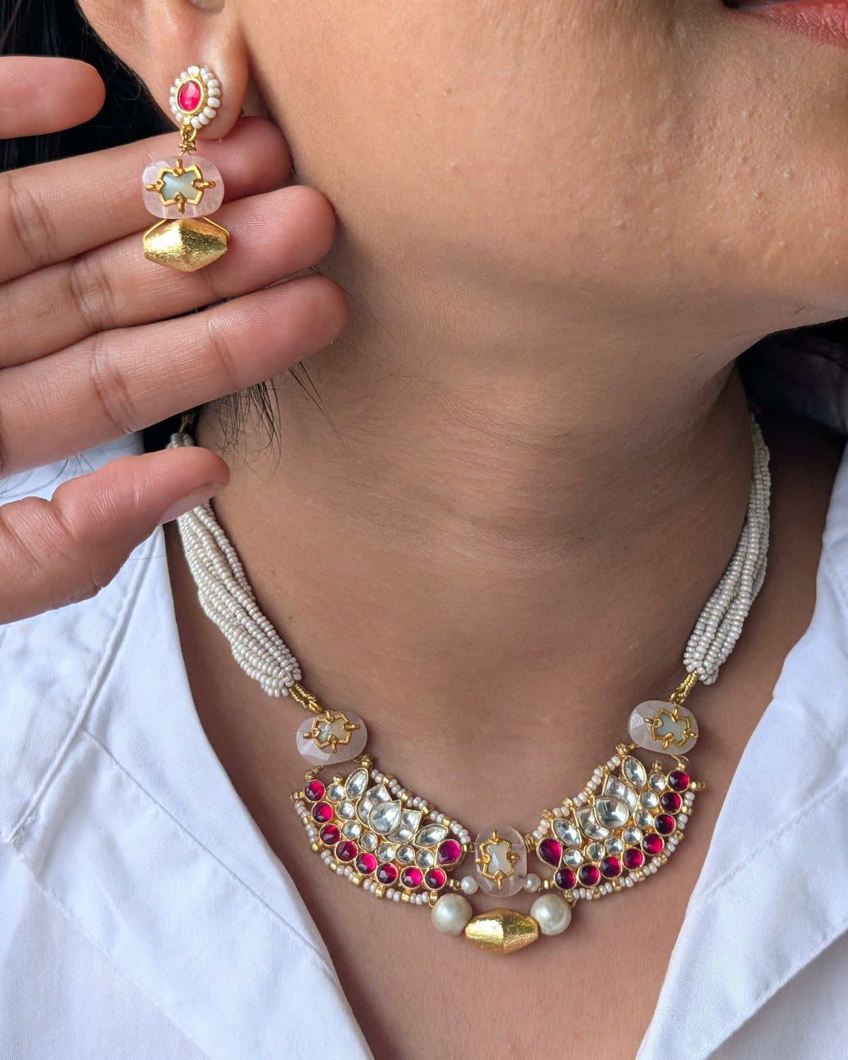 Pink Nivara Pachi Kundan Set