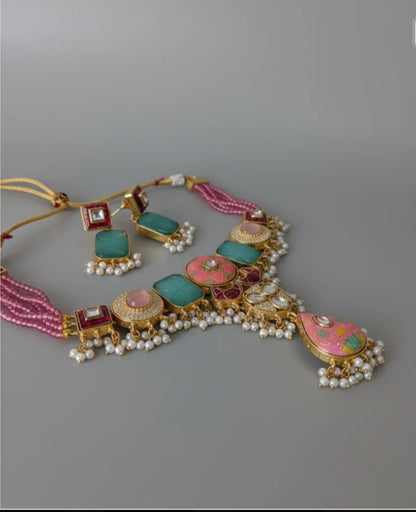 Green & Pink Arhika  Heritage Necklace Set