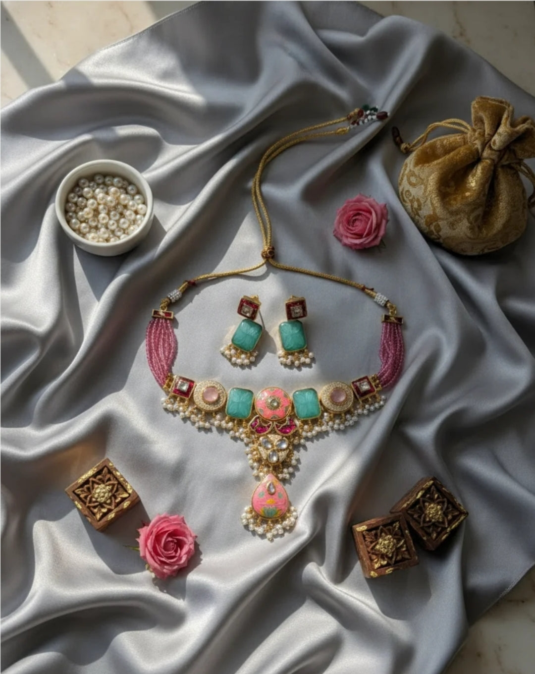 Green & Pink Arhika  Heritage Necklace Set