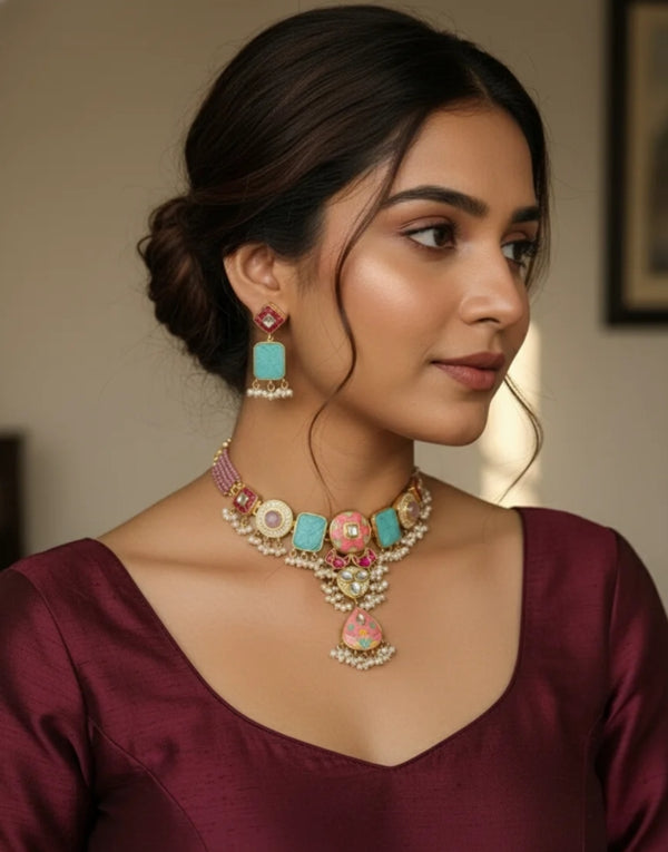 Green & Pink Arhika  Heritage Necklace Set